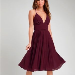 Love Me To The Moon Burgundy Pleated Midi Dress